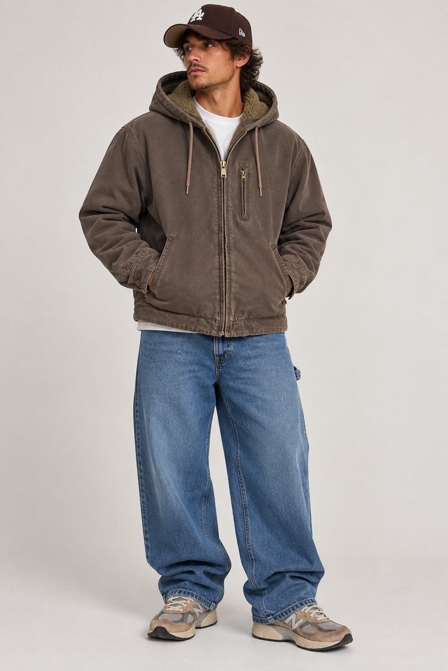 RedHead Sherpa Lined Canvas Hooded Jacket Brown Workwear Full Zip Outdoors